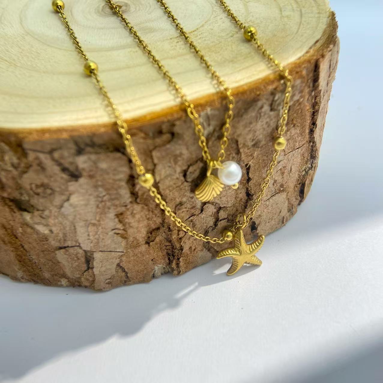 Gold Double - Layer Starfish & Shell Ocean Necklace