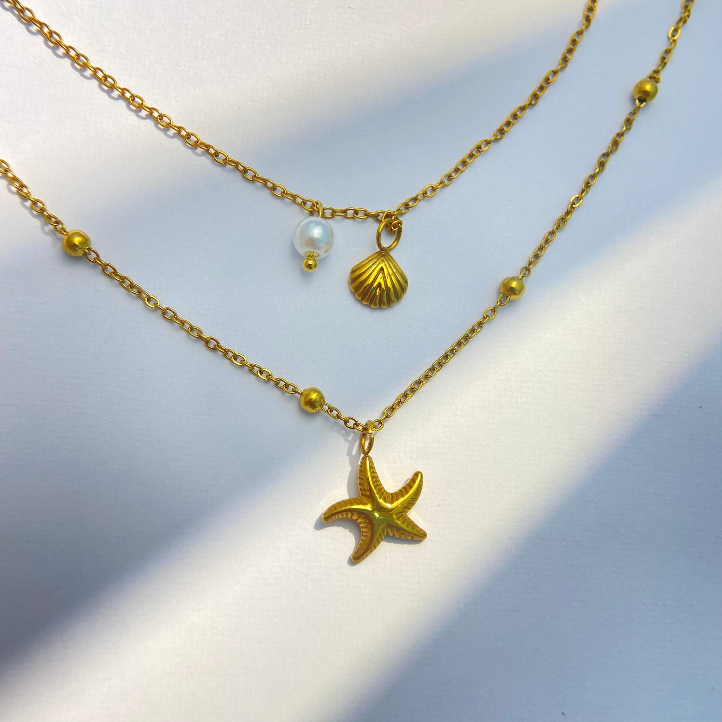 Gold Double - Layer Starfish & Shell Ocean Necklace
