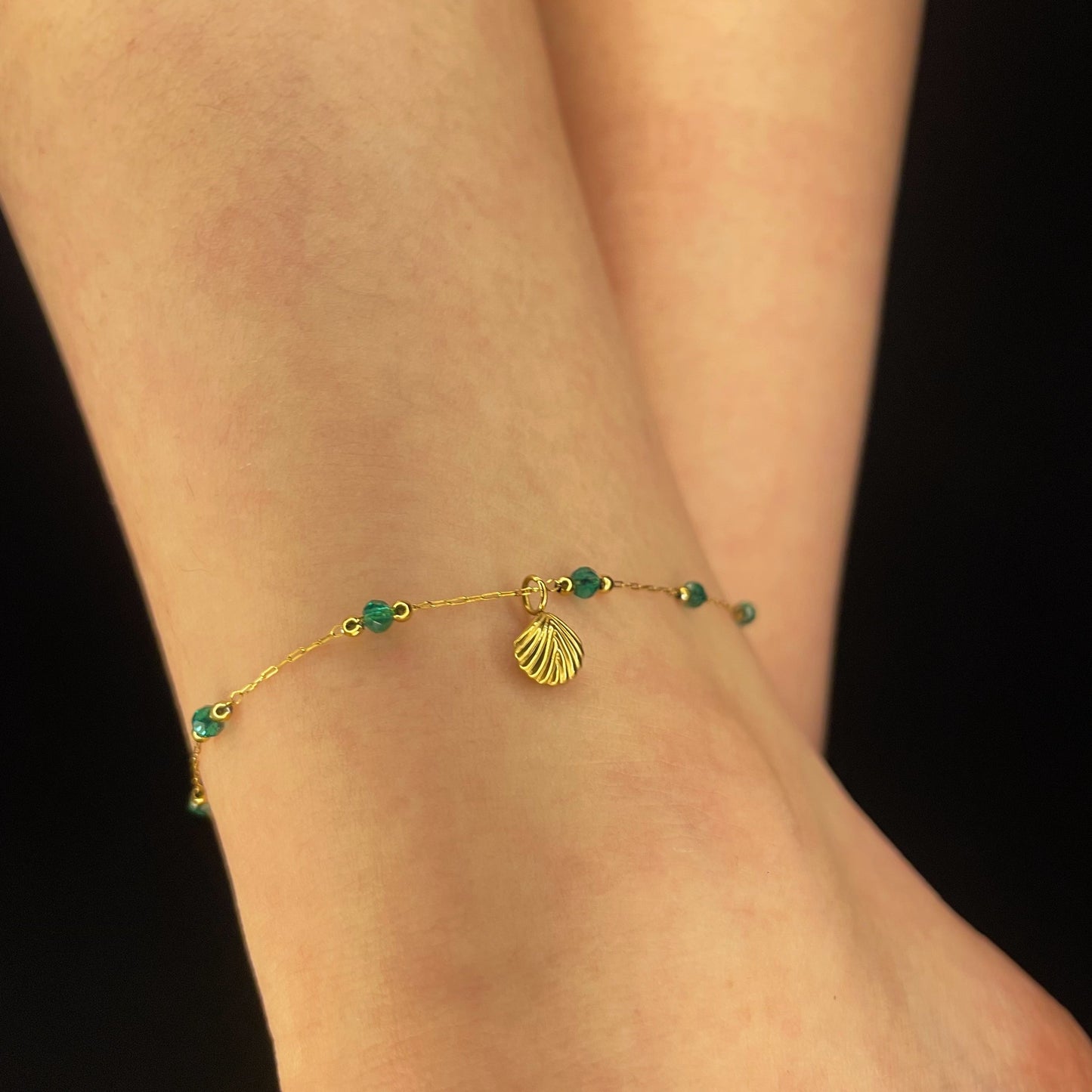 Seashell &Green Bead Gold Anklet