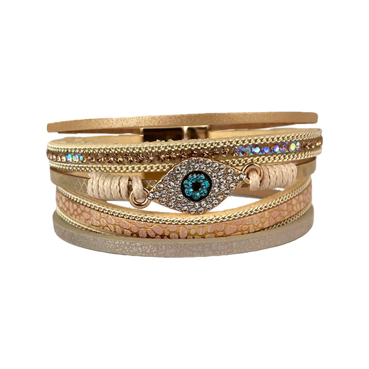 Evil Eye Bohemian Leather Bracelet - Magnetic Clasp, Vegan , Eco-Friendly