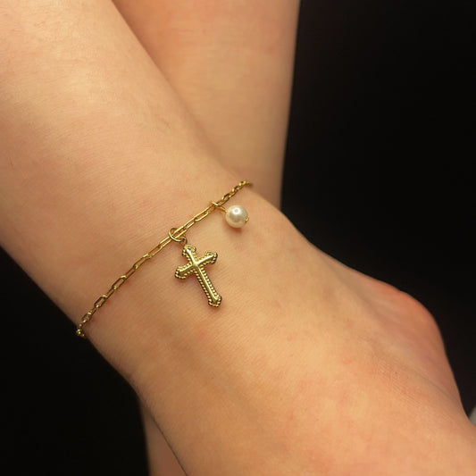 Cross & Pearl Gold Anklet
