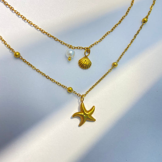 Gold Double - Layer Starfish & Shell Ocean Necklace
