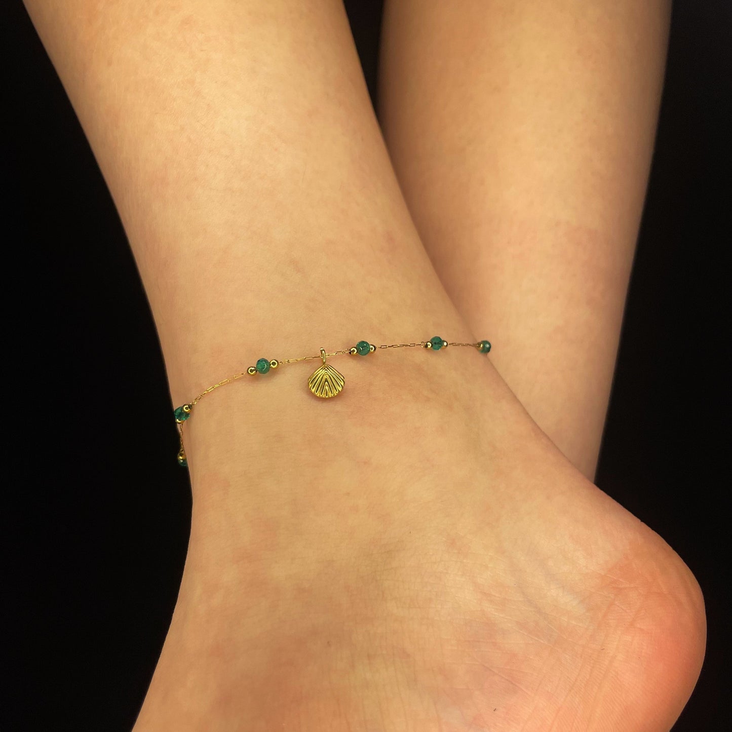 Seashell &Green Bead Gold Anklet
