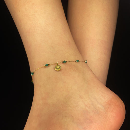 Seashell &Green Bead Gold Anklet
